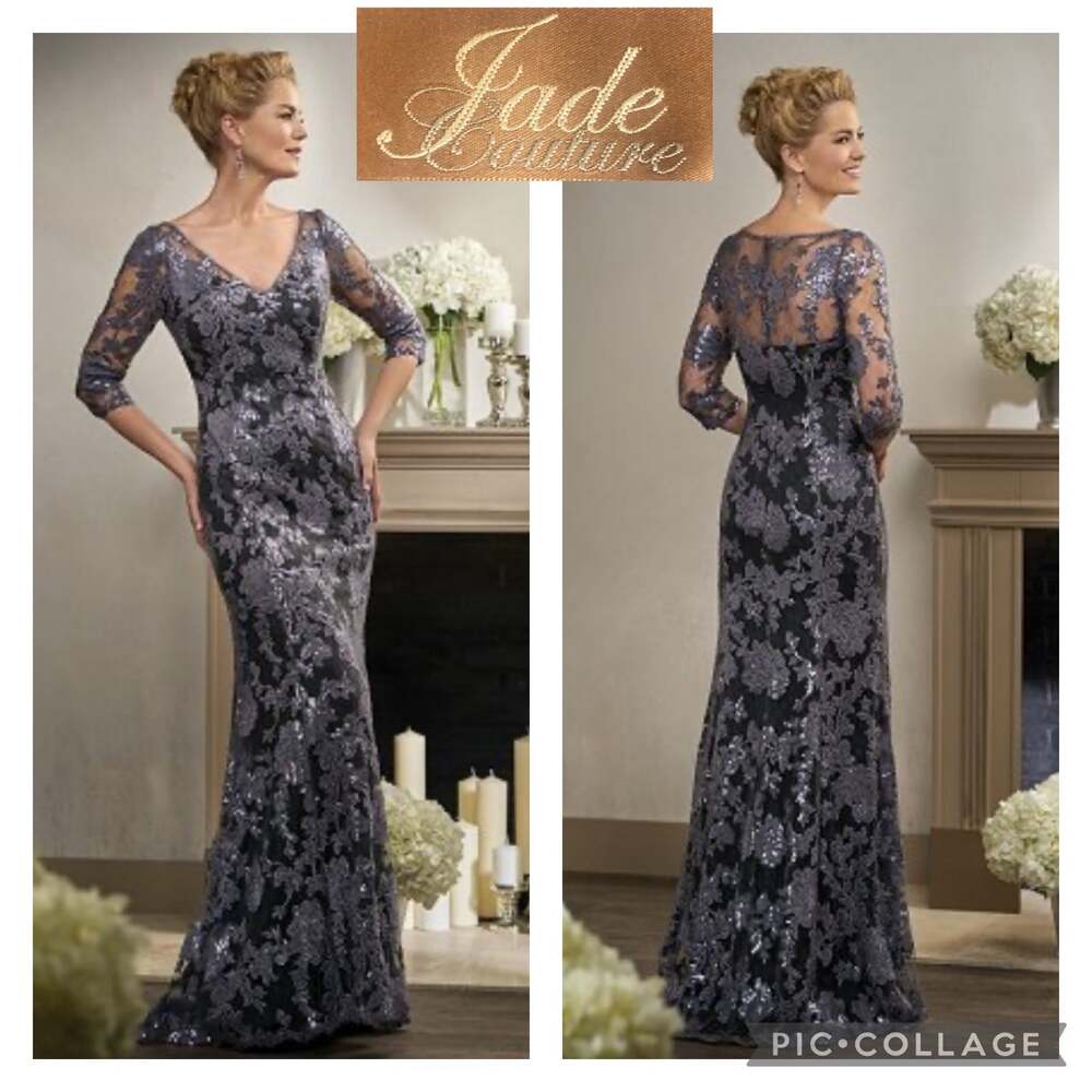 Jade Couture K198006 Long V-neck Sequin Lace MOB Dress with Sleeves size 18